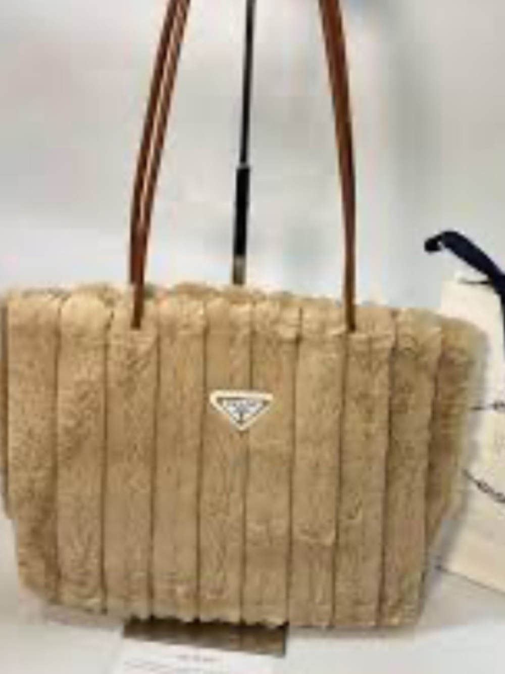 Prada Beige Faux Fur Tote with Triangular Logo
